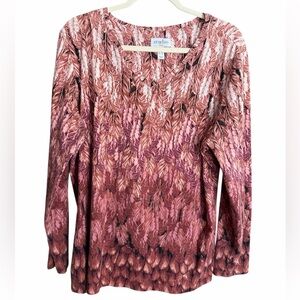 Studio by Denim & Co. Feather Print Long Sleeve V-Neck Top Chestnut Multi
